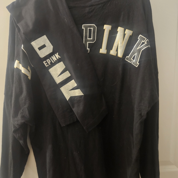 PINK Victoria's Secret Black LS Hooded Shirt And Leggings Set W/bling Shirt - Picture 1 of 6